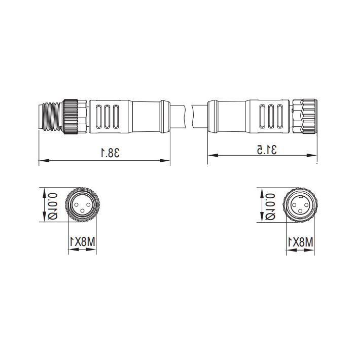 M8 3Pin, female straight with LED lamp turn male straight, double end pre-cast PVC non-flexible cable, gray sheathing, 63D023-XXX