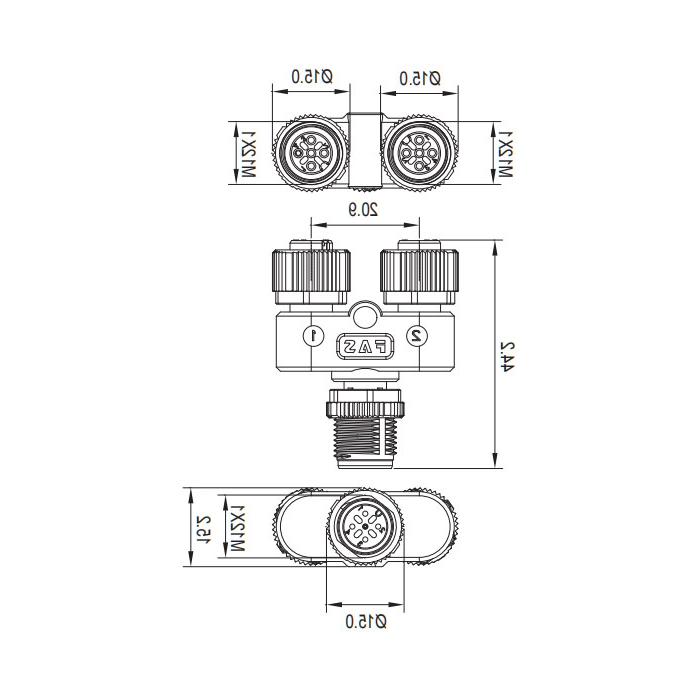 M12 4Pin公/2M12 4Pin母，y型连接器，644442