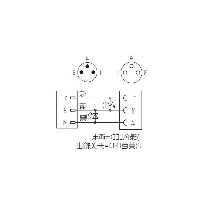 M8 3Pin, female straight with LED lamp turn male straight, double end pre-cast PVC non-flexible cable, gray sheathing, 63D023-XXX