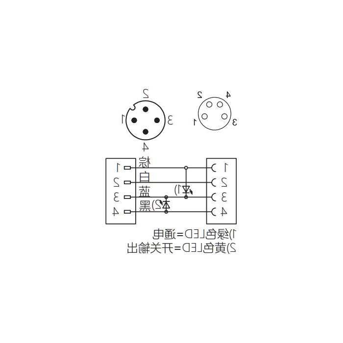 M8 to M12 4Pin, M8 female head 90° with LED light to M12 male head straight, double-ended pre-cast PVC non-flexible cable, gray sheathing, 63D303-XXX