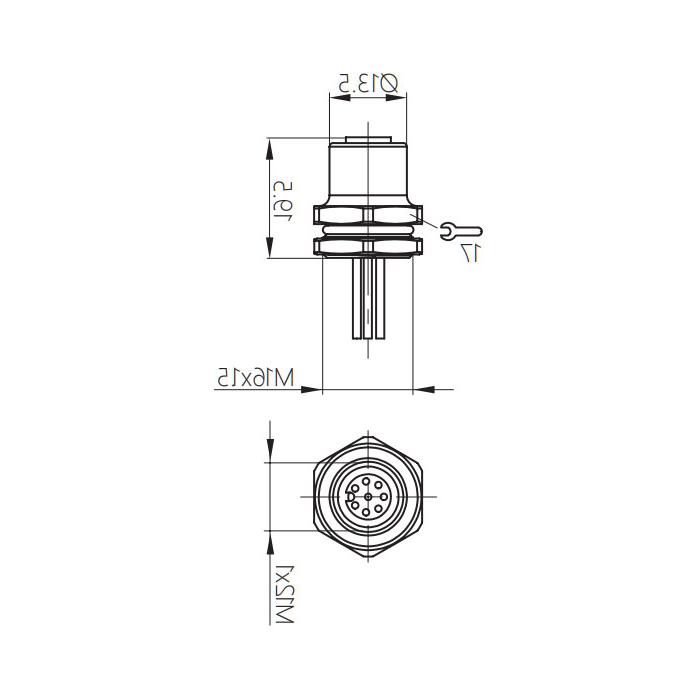 M12 8Pin, straight male, flange socket, front mounting, suitable for PCB mounting, 64SB21P