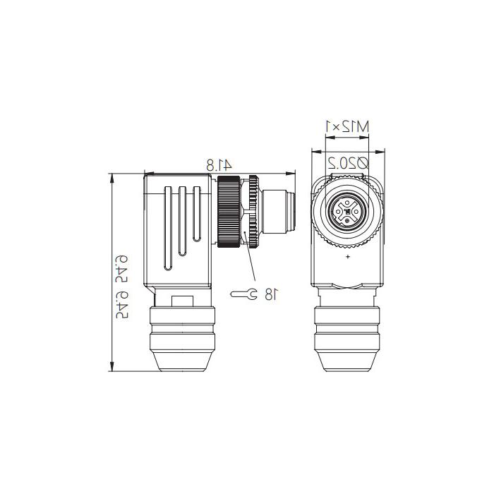 M12 5Pin， b编码，母头90°，螺纹连接，金属屏蔽，0CF061