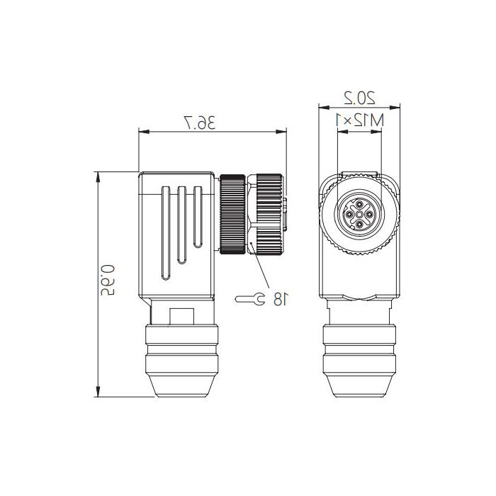 M12 4Pin, D-coded, 90° female head, screw connection, metal shield, 0CF141