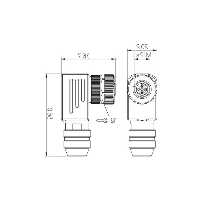 M12 4Pin, female 90°, screw connection, metal shield, 64F481