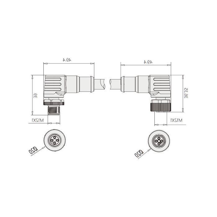 M12 4Pin T-coded, female 90° to male 90°, double end precast PUR flexible cable, black sheath, 64TD65-XXX