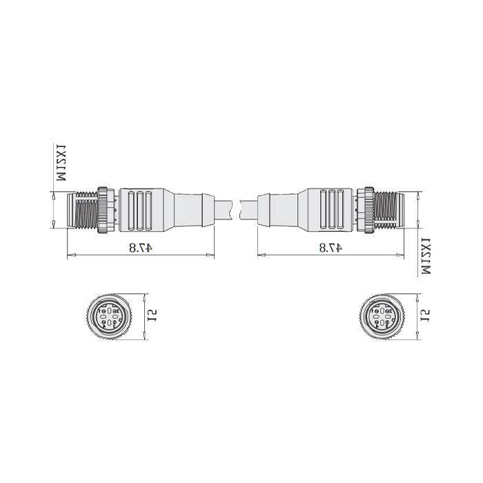 M12 4-PIN D-coded, male straight turn male straight, double end pre-cast PVC non-flexible cable, black sheath, 64DD37-XXX