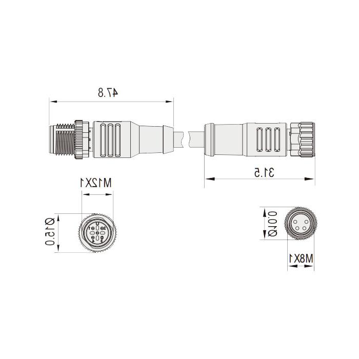 M8 to M12 4Pin, M8 straight female head with LED light to M12 straight male head, double end precast PUR flexible cable, black sheath, 63D311-XXX