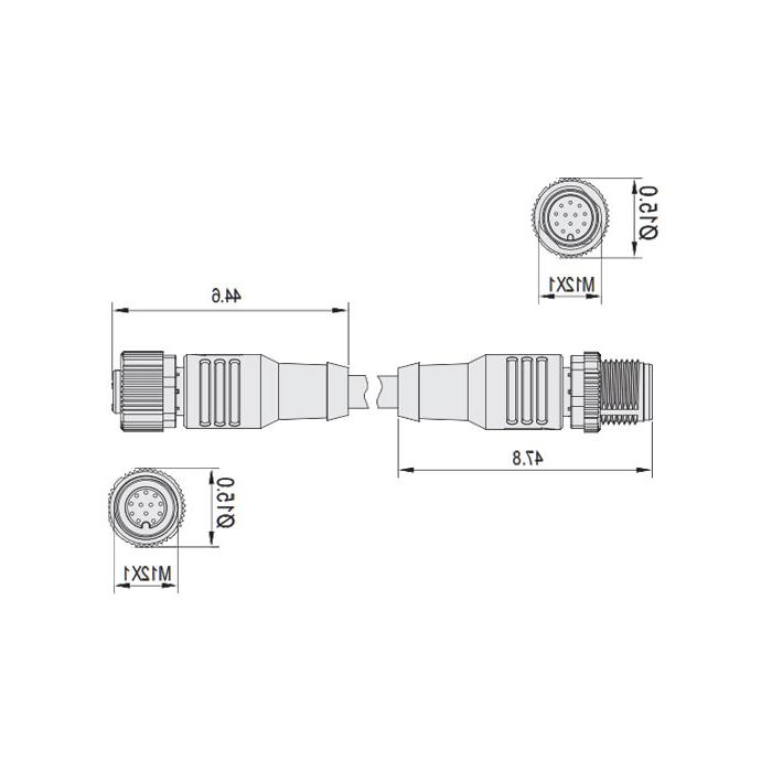 M12 12Pin, female straight to male straight, double end precast PUR flexible cable, black sheath, 64DA12-XXX