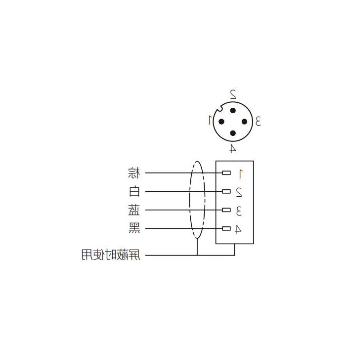 M12 4Pin, straight male head, high temperature resistance 120℃, single-end precast PUR soft性电缆、黑色护套、64H141-XXX